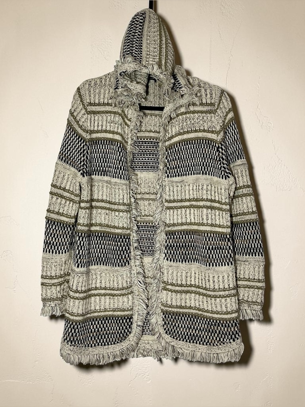 FYLO LONDON Hooded Fringe Cardigan Knit Open Front Sweater Boho Women's M